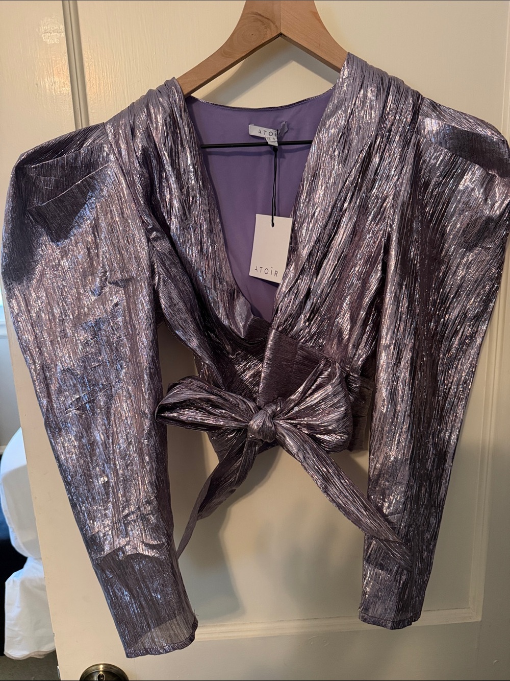 NWT Atoir Shimmery Lilac Metallic Wrap Crop Top with Front Tie XS